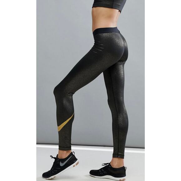 Nike Pro Dri Fit Metallic Gold Shimmer Training Leggings Running Womens Medium - Picture 1 of 9